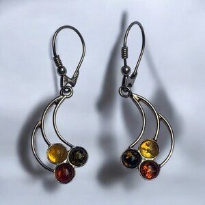Amber Dangle Earrings With Sterling Silver Hooks & Multicolor Gemstones